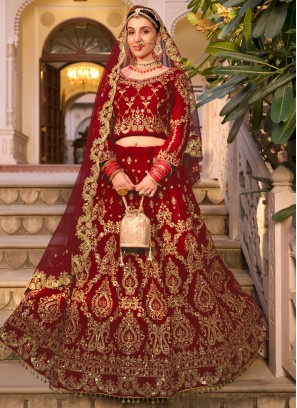 Fashionable Maroon Velvet Lehenga Choli