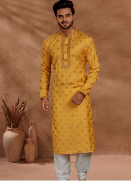 Fashionable Yellow and Chikoo Men's Kurta Pajama S