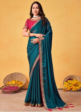 Fashionable Silk Blue and Teal Embroidered Trendy Saree