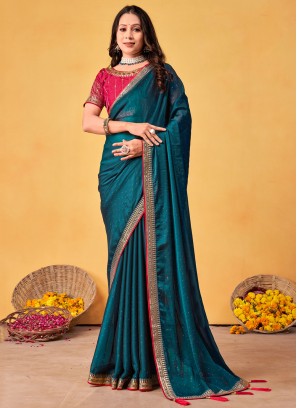 Fashionable Silk Blue and Teal Embroidered Trendy Saree