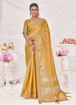 Fashionable Silk Embroidered Yellow Saree