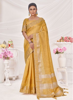 Fashionable Silk Embroidered Yellow Saree