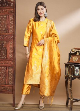 Fashionable Woven Yellow Jacquard Salwar Kameez