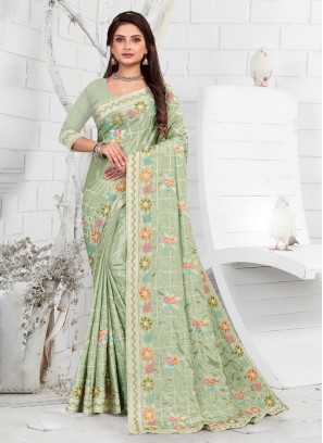 Faux Crepe Embroidered Designer Saree in Green
