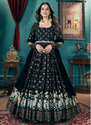 Faux Georgette Black Readymade Gown