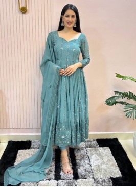 Faux Georgette Blue and Rama Embroidered Readymade