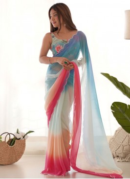 Faux Georgette Cutwork Multi Colour Shaded Saree