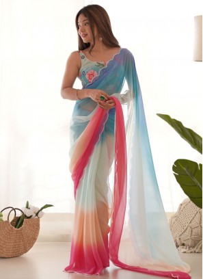 Faux Georgette Cutwork Multi Colour Shaded Saree