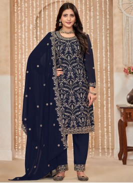 Faux Georgette Designer Salwar Kameez in Navy Blue