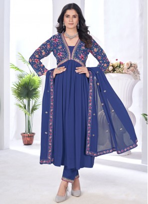 Faux Georgette Digital Print Blue Pant Style Suit