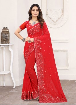 Faux Georgette Embroidered Classic Designer Saree in Red