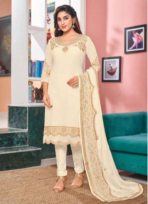 Faux Georgette Embroidered Off White Churidar Designer Suit