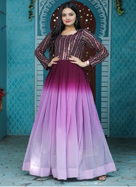 Faux Georgette Floor Length Gown in Lavender and Purple