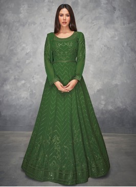 Faux Georgette Green Embroidered Floor Length Desi