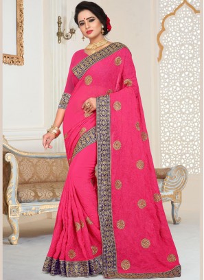 Faux Georgette Hot Pink Patch Border Designer Traditional Saree