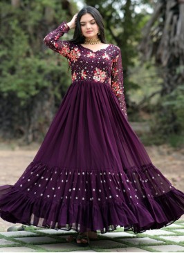 Faux Georgette Purple Sequins Designer Gown
