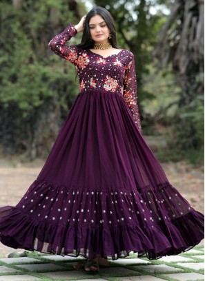 Faux Georgette Purple Sequins Designer Gown