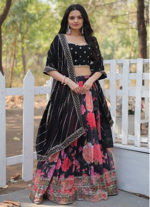 Faux Georgette Trendy Lehenga Choli in Black