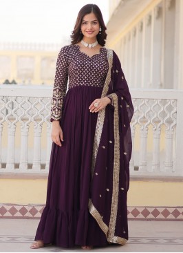 Faux Georgette Wine Sequins Readymade Gown
