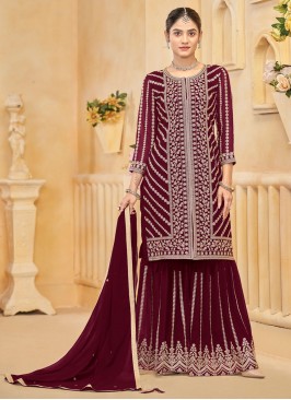 Faux Georgette Zari Palazzo Salwar Suit in Maroon