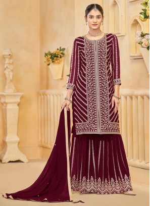 Faux Georgette Zari Palazzo Salwar Suit in Maroon