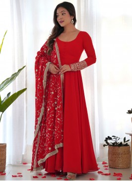 Faux Georgette Zari Red Trendy Salwar Kameez