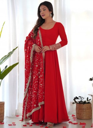 Faux Georgette Zari Red Trendy Salwar Kameez