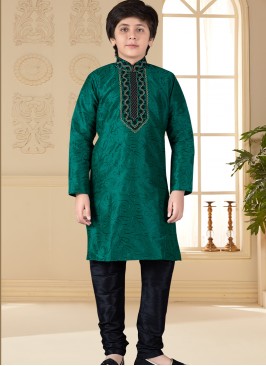 Green art silk Indo Western Suit for Boys.