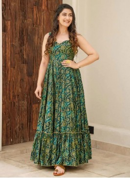 Festal Green Digital Print Rayon Readymade Gown