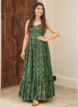 Festal Green Digital Print Rayon Readymade Gown