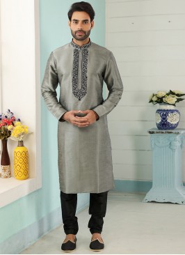Festive Function Wear Grey Color Embroidered Kurta