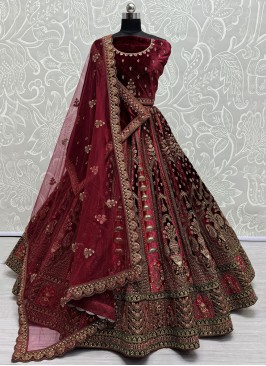 Fetching Maroon Zari Velvet Trendy Lehenga Choli