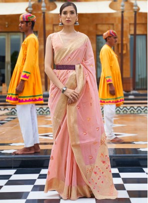 Fine Pink Weaving Linen Classic Saree