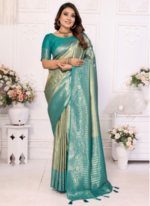 Firozi and Grey Weaving Banarasi Silk Contemporary Saree