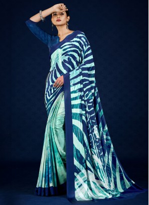 Firozi and Navy Blue Digital Print Contemporary Saree