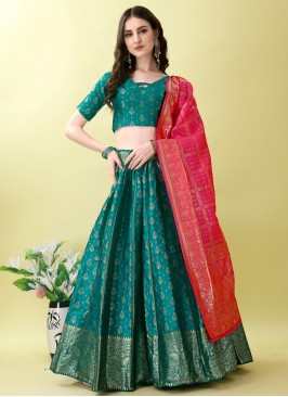 Firozi Jacquard Silk Mehndi Lehenga Choli