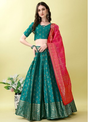 Firozi Jacquard Silk Mehndi Lehenga Choli