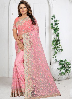 Flamboyant Net Rose Pink Resham Traditional Saree