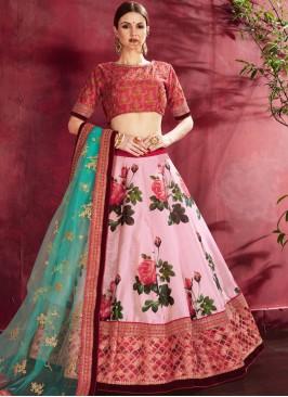 Flawless Banglori Silk Floral Print Pink A Line Le