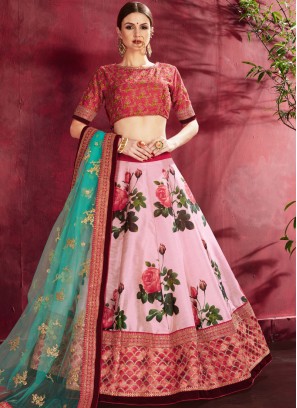 Flawless Banglori Silk Floral Print Pink A Line Lehenga Choli