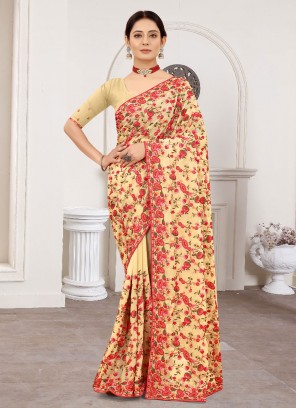 Flawless Embroidered Beige Faux Georgette Designer Saree