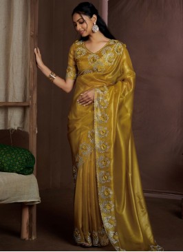 Flawless Fancy Fabric Mustard Cutdana Designer Sar