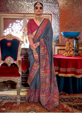 Flawless Print Blue and Grey Contemporary Saree