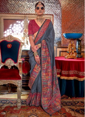 Flawless Print Blue and Grey Contemporary Saree