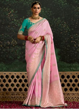 Flawless pure-dola Rose Pink Border Contemporary Saree