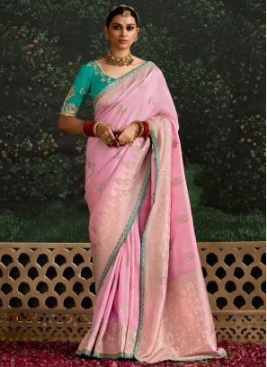 Flawless pure-dola Rose Pink Border Contemporary Saree