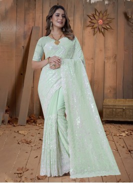 Flawless Resham Sea Green Georgette Contemporary S