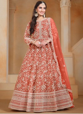 Floor Length Gown Embroidered Net in Salmon