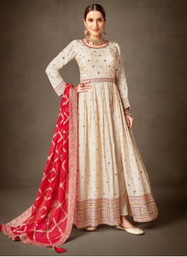 Floral Cream Jacquard Silk Salwar Suit