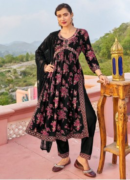 Floral Embroidered Black Rayon Trendy Salwar Kamee